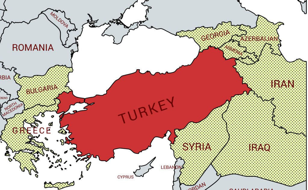 Map illustrating Turkey's relationships with its neighboring countries, highlighting diplomatic and cultural ties.